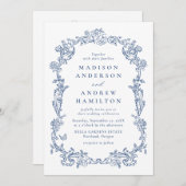 Elegant Blue Victorian Floral All in One Wedding 招待状 (正面/裏面)