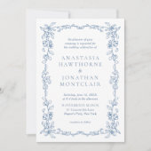 Elegant Blue Victorian Photo QR Code RSVP Wedding 招待状 (正面)
