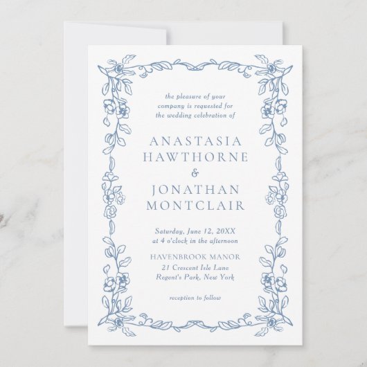 Elegant Blue Victorian Photo QR Code RSVP Wedding 招待状 (正面)