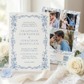 Elegant Blue Victorian Photo QR Code RSVP Wedding 招待状