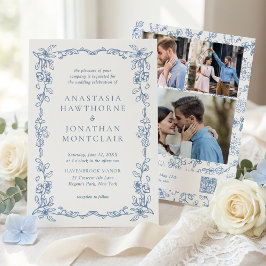 Elegant Blue Victorian Photo QR Code RSVP Wedding 招待状