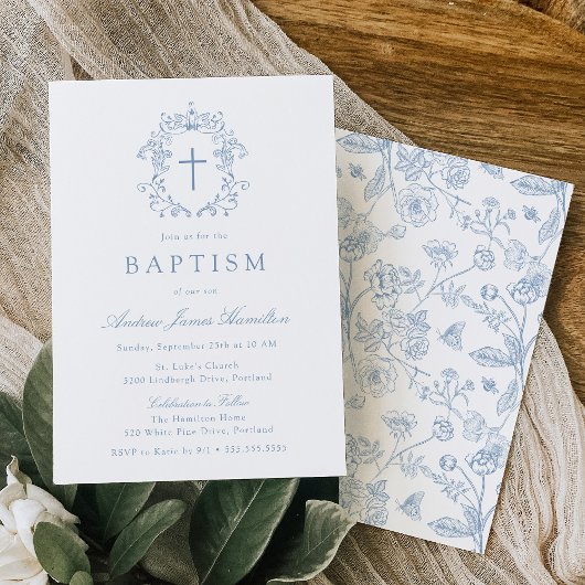 Elegant Blue Vintage Floral Cross Baptism 招待状