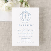 Elegant Blue Vintage Floral Cross Baptism 招待状