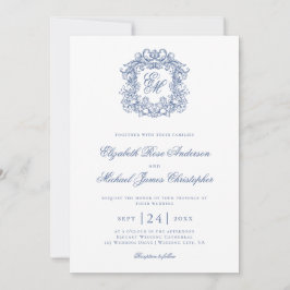 Elegant Blue Vintage Monogram Crest Wedding 招待状