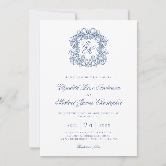 Elegant Blue Vintage Monogram Crest Wedding 招待状 (正面)