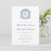 Elegant Blue Vintage Monogram Crest Wedding 招待状 (スタンド正面)