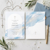 Elegant Blue Watercolor Arch First Communion 招待状