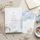 Elegant Blue Watercolor Arch First Communion 招待状