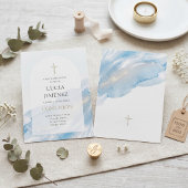 Elegant Blue Watercolor Arch First Communion 招待状