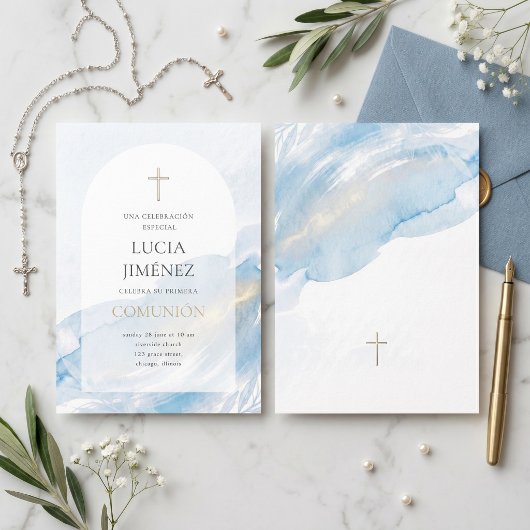 Elegant Blue Watercolor Arch First Communion 招待状