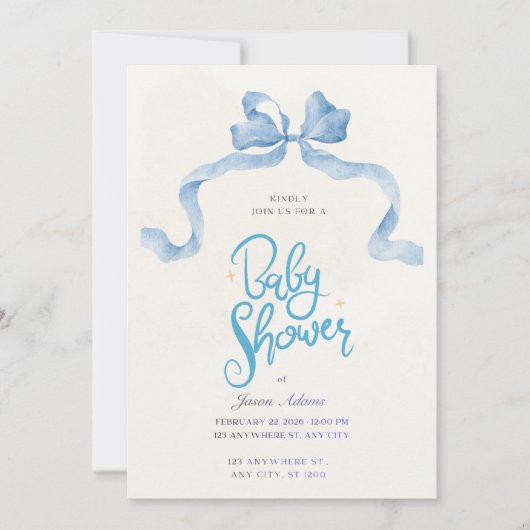 Elegant Blue Watercolor Baby Shower Invitation 招待状 (正面)