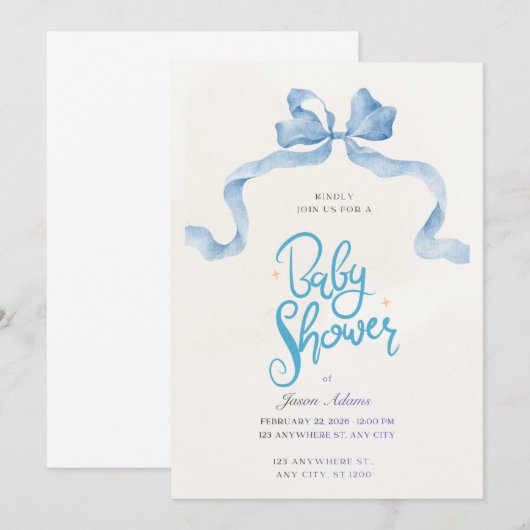 Elegant Blue Watercolor Baby Shower Invitation 招待状 (正面/裏面)