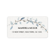 ​Elegant Blue Watercolor Floral Branch Return Addr