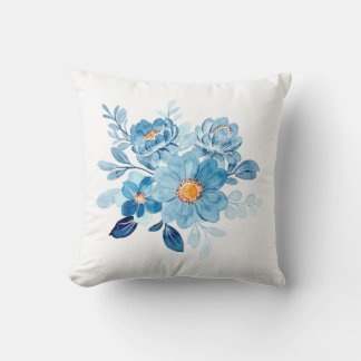 Elegant Blue Watercolor Floral Throw Pillow Cover, クッション