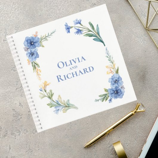 Elegant Blue Watercolor Floral Wedding Guest Book ノートブック
