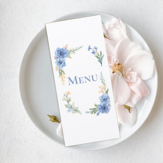 Elegant Blue Watercolor Floral Wedding Menu Card メニュー