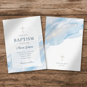 Elegant Blue Watercolor Gold Cross Boy Baptism 招待状