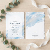 Elegant Blue Watercolor Gold Cross Boy Baptism 招待状