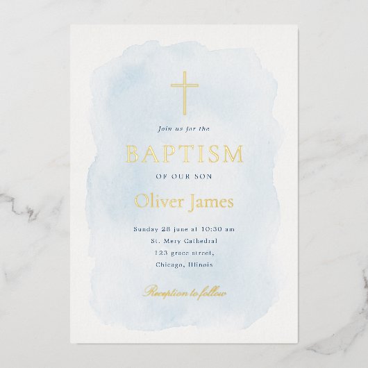 Elegant Blue Watercolor Gold Foil Baptism 箔招待状 (正面)