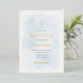 Elegant Blue Watercolor Gold Foil Baptism 箔招待状 (立ち正面)