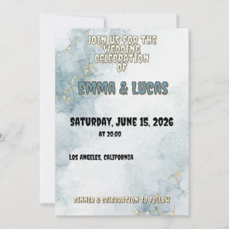Elegant Blue Watercolor & Gold Wedding Invitation 招待状