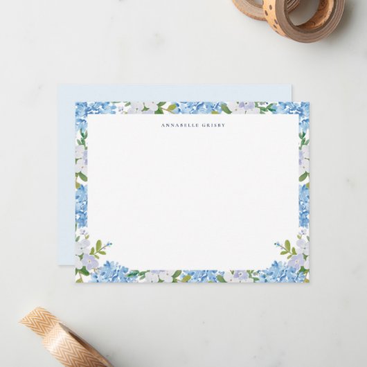 Elegant Blue Watercolor Hydrangea Personalized ノートカード (正面/裏面インサイチュ)