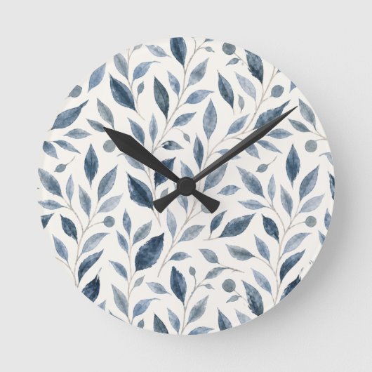 Elegant Blue Watercolor Leaves Pattern  ラウンド壁時計 (正面)