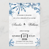 Elegant Blue Watercolor Snowflake Wedding Invite 招待状 (正面)