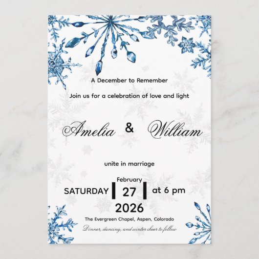 Elegant Blue Watercolor Snowflake Wedding Invite 招待状 (正面)