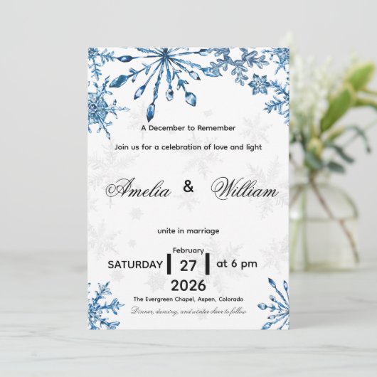 Elegant Blue Watercolor Snowflake Wedding Invite 招待状 (スタンド正面)