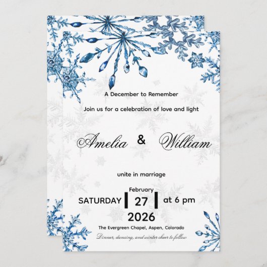 Elegant Blue Watercolor Snowflake Wedding Invite 招待状 (正面/裏面)