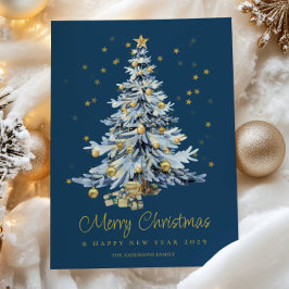 Elegant Blue Watercolor Tree Christmas シーズンカード