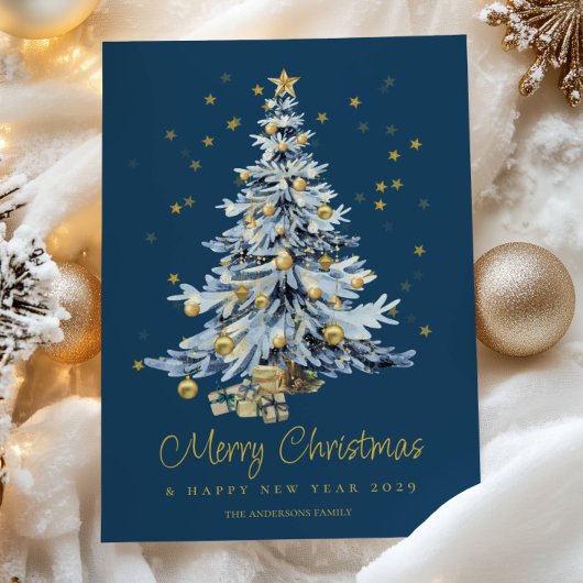 Elegant Blue Watercolor Tree Christmas シーズンカード