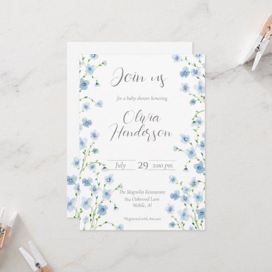 Elegant Blue Watercolor Wildflower Baby Shower 招待状 (正面/裏面インサイチュ)