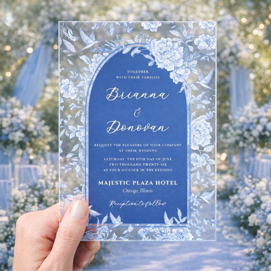 Elegant Blue & White Botanical Bird Wedding アクリル招待状
