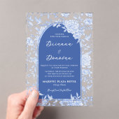 Elegant Blue & White Botanical Bird Wedding アクリル招待状 (インサイチュ (ポータブル))