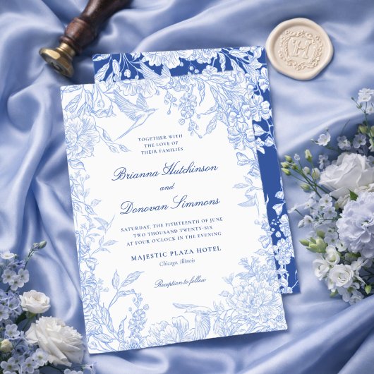 Elegant Blue & White Botanical Bird Wedding  招待状