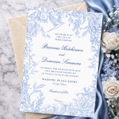 Elegant Blue & White Botanical Bird Wedding  招待状