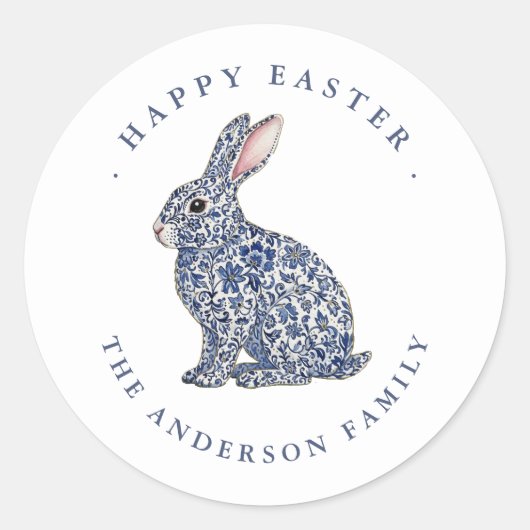 Elegant Blue & White Bunny Happy Easter Label  ラウンドシール (正面)