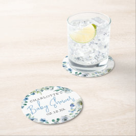 Elegant Blue White Floral Spring Boy Baby Shower ラウンドペーパーコースター