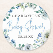 Elegant Blue White Floral Spring Boy Baby Shower ラウンドペーパーコースター (正面)