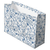Elegant Blue & White Floral Toile Botanical ラージペーパーバッグ (正面アングル)