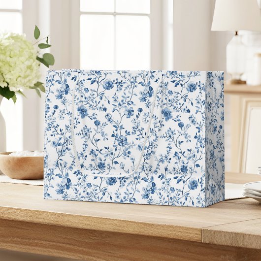 Elegant Blue & White Floral Toile Botanical ラージペーパーバッグ