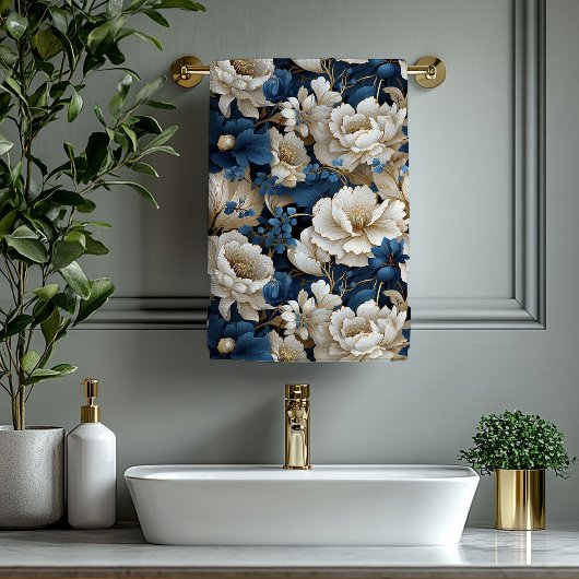 Elegant blue white flowers chic modern bath towel  バスタオルセット