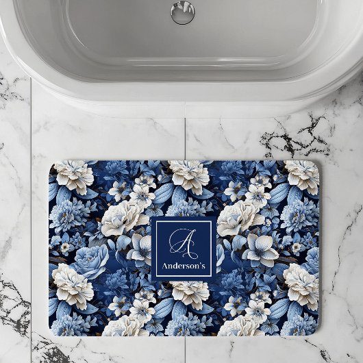 Elegant Blue White Flowers Personalized Bath Mat バスマット