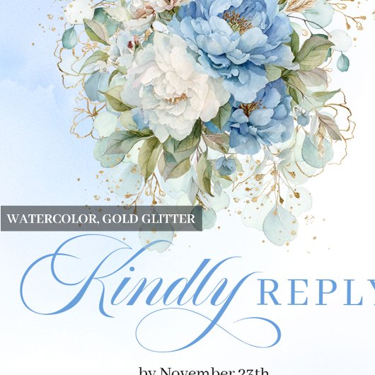 Elegant Blue White Gold Peony Floral Wedding RSVP 