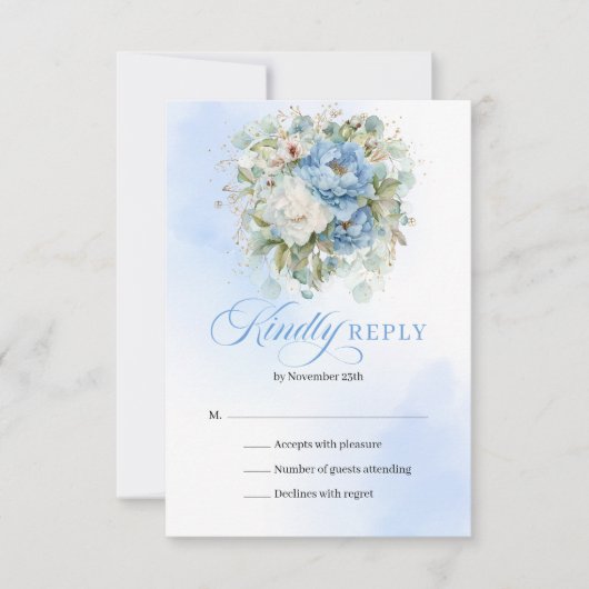 Elegant Blue White Gold Peony Floral Wedding RSVP  (正面)