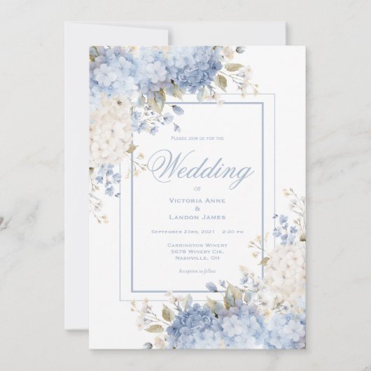 Elegant Blue & White Hydrangeas Wedding Invitation 招待状 (正面)