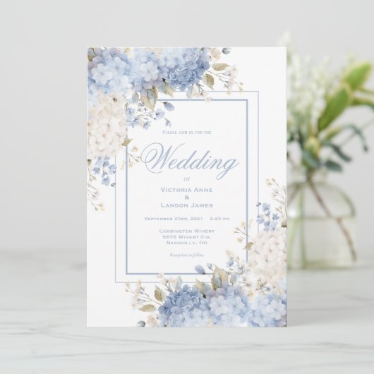 Elegant Blue & White Hydrangeas Wedding Invitation 招待状 (スタンド正面)