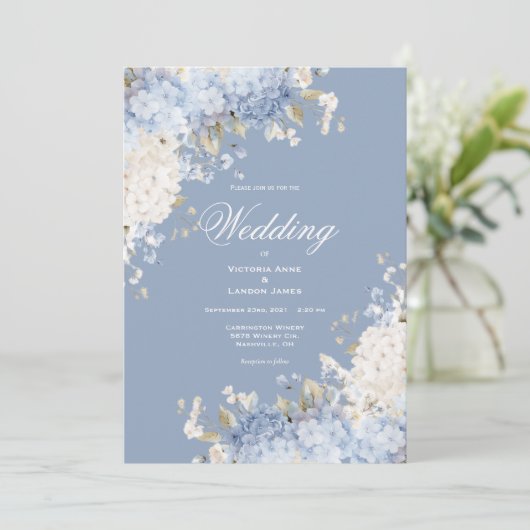 Elegant Blue White Hydrangeas Wedding Invitation 招待状 (スタンド正面)